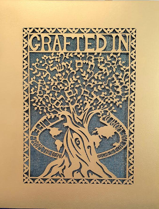 Grafted In - Papercut Over Aqua Metallic Fabric by Grace Alon