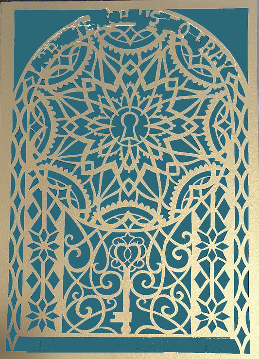 Key of David | Metallic Laser-cut Paper over Aqua Metallic Fabric by Grace Alon