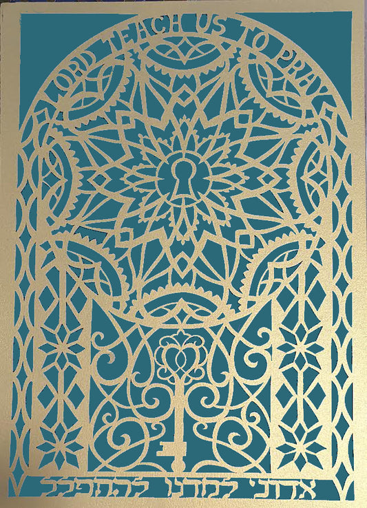 Lord Teach Us To Pray - Laser Cut Paper Over Aqua Metallic Fabric by Grace Alon